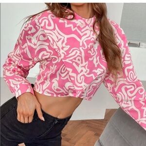 Stylish Pink Printed Tie Detail Long Sleeves Top. Size Small